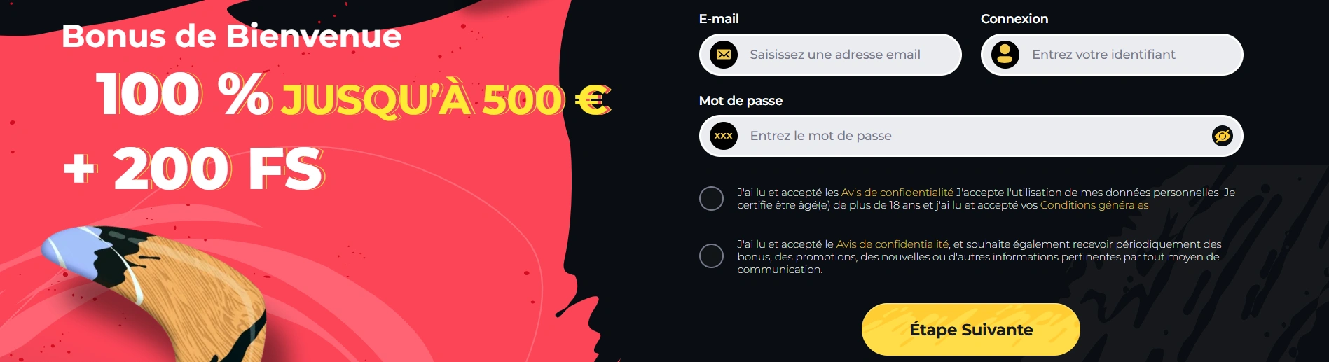 Formulaire d'inscription sur Boomerang Casino